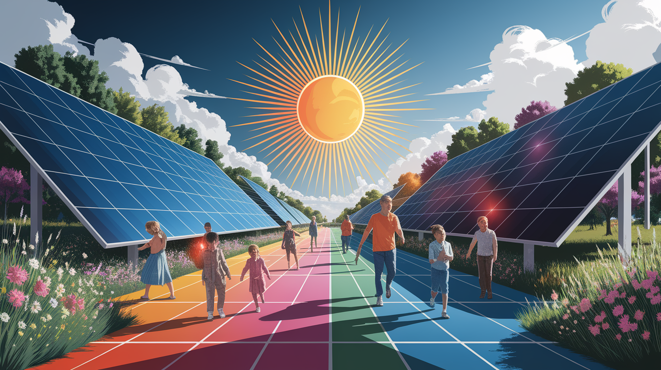 A conceptual illustration representing The Bright Side of Solar Energy. Visualize the main ideas: . Creative but clear representation of the concept. Style: Visual Theme: Clean, modern aesthetic with high contrast and vibrant energy. Emphasize the intersect. high quality, detailed, professional, clean composition, good lighting, sharp focus, well-composed. high quality, professional, detailed, well-composed