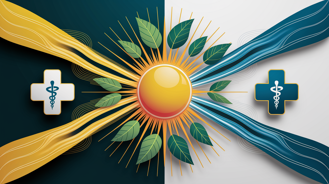 A conceptual illustration representing Solar Energy and Disease Prevention. Visualize the main ideas: . Creative but clear representation of the concept. Style: Visual Theme: Clean, modern aesthetic with high contrast and vibrant energy. Emphasize the intersect. high quality, detailed, professional, clean composition, good lighting, sharp focus, well-composed. high quality, professional, detailed, well-composed