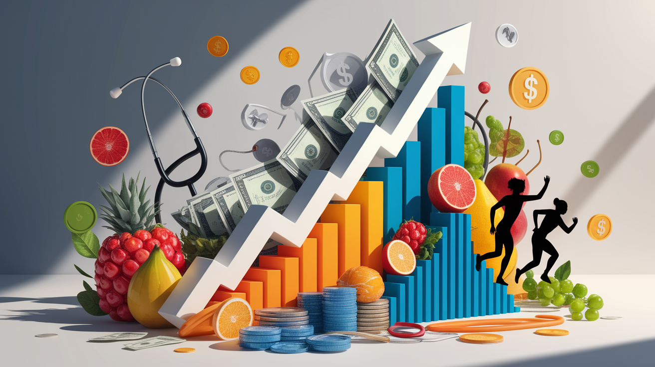 A conceptual illustration representing Economic Benefits and Health Outcomes. Visualize the main ideas: . Creative but clear representation of the concept. Style: Visual Theme: Clean, modern aesthetic with high contrast and vibrant energy. Emphasize the intersect. high quality, detailed, professional, clean composition, good lighting, sharp focus, well-composed. high quality, professional, detailed, well-composed