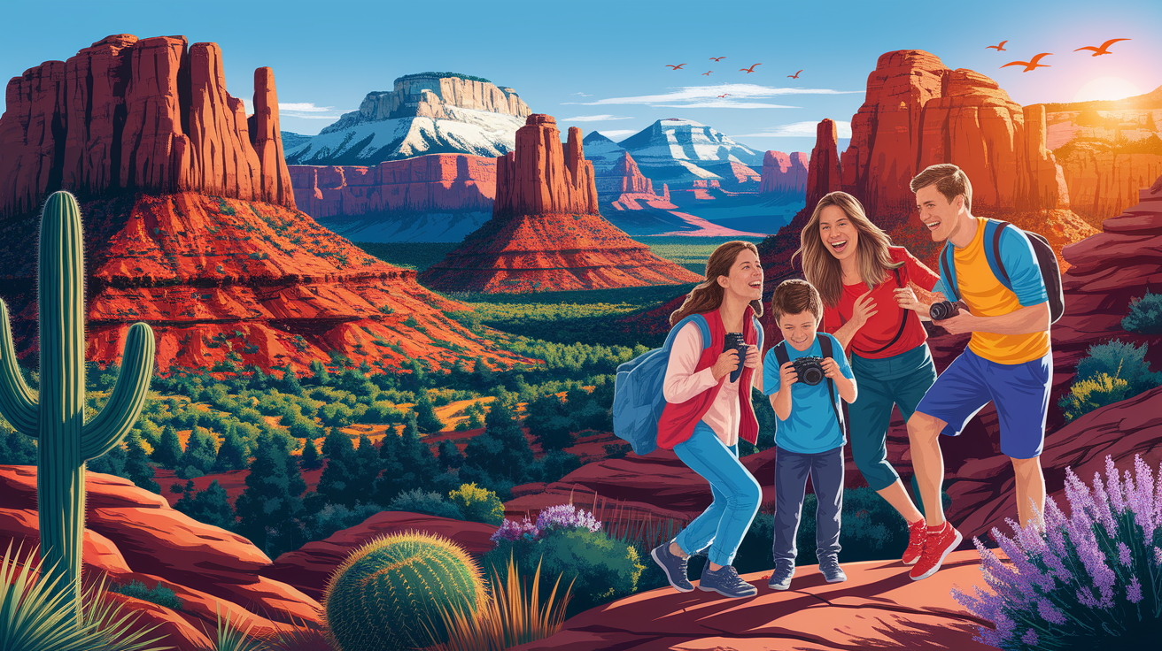 A conceptual illustration representing Introduction - A Family Adventure Awaits in St. George. Visualize the main ideas: . Creative but clear representation of the concept. Style: photorealistic. high quality, detailed, professional, clean composition, good lighting, sharp focus, well-composed. high quality, professional, detailed, well-composed