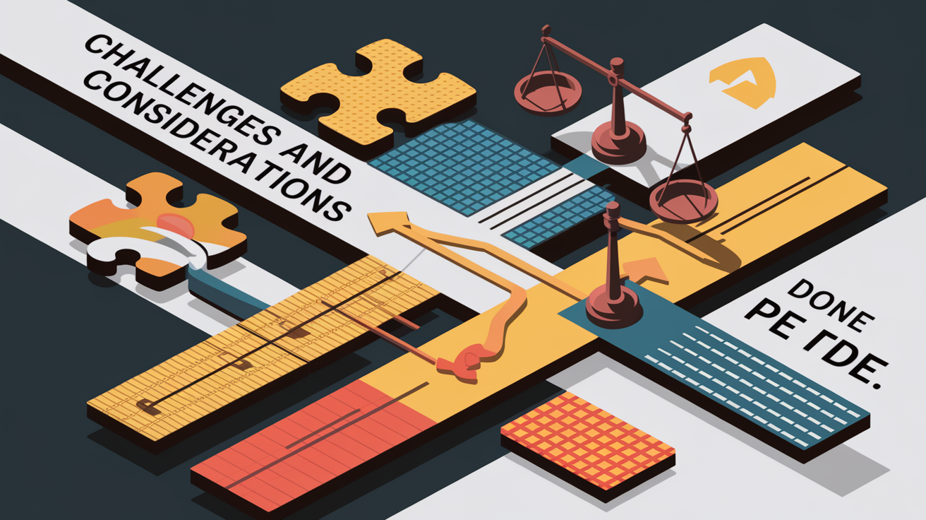 A conceptual illustration representing Challenges and Considerations. Visualize the main ideas: . Creative but clear representation of the concept. Style: Visual Theme: Clean, modern aesthetic with high contrast and vibrant energy. Emphasize the intersect. high quality, detailed, professional, clean composition, good lighting, sharp focus, well-composed. high quality, professional, detailed, well-composed