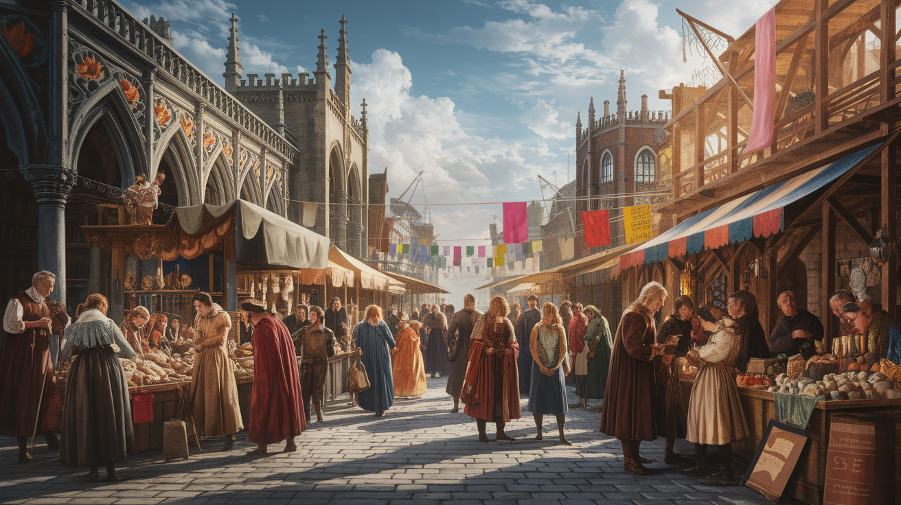 A conceptual illustration representing Medieval and Early Modern Developments. Visualize the main ideas: . Creative but clear representation of the concept. Style: photorealistic. high quality, detailed, professional, clean composition, good lighting, sharp focus, well-composed. high quality, professional, detailed, well-composed
