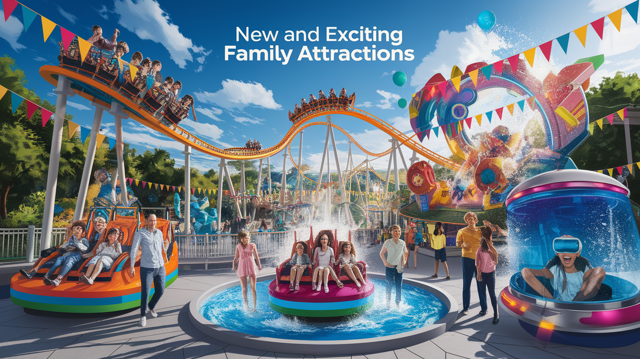 A conceptual illustration representing New and Exciting Family Attractions. Visualize the main ideas: . Creative but clear representation of the concept. Style: photorealistic. high quality, detailed, professional, clean composition, good lighting, sharp focus, well-composed. high quality, professional, detailed, well-composed