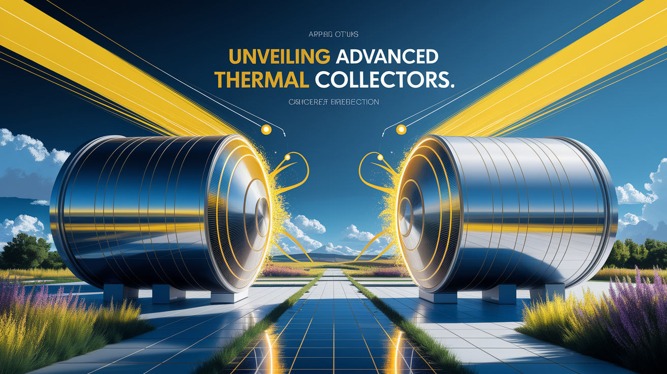 A conceptual illustration representing Unveiling Advanced Solar Thermal Collectors. Visualize the main ideas: . Creative but clear representation of the concept. Style: Visual Theme: Clean, modern aesthetic with high contrast and vibrant energy. Emphasize the intersect. high quality, detailed, professional, clean composition, good lighting, sharp focus, well-composed. high quality, professional, detailed, well-composed