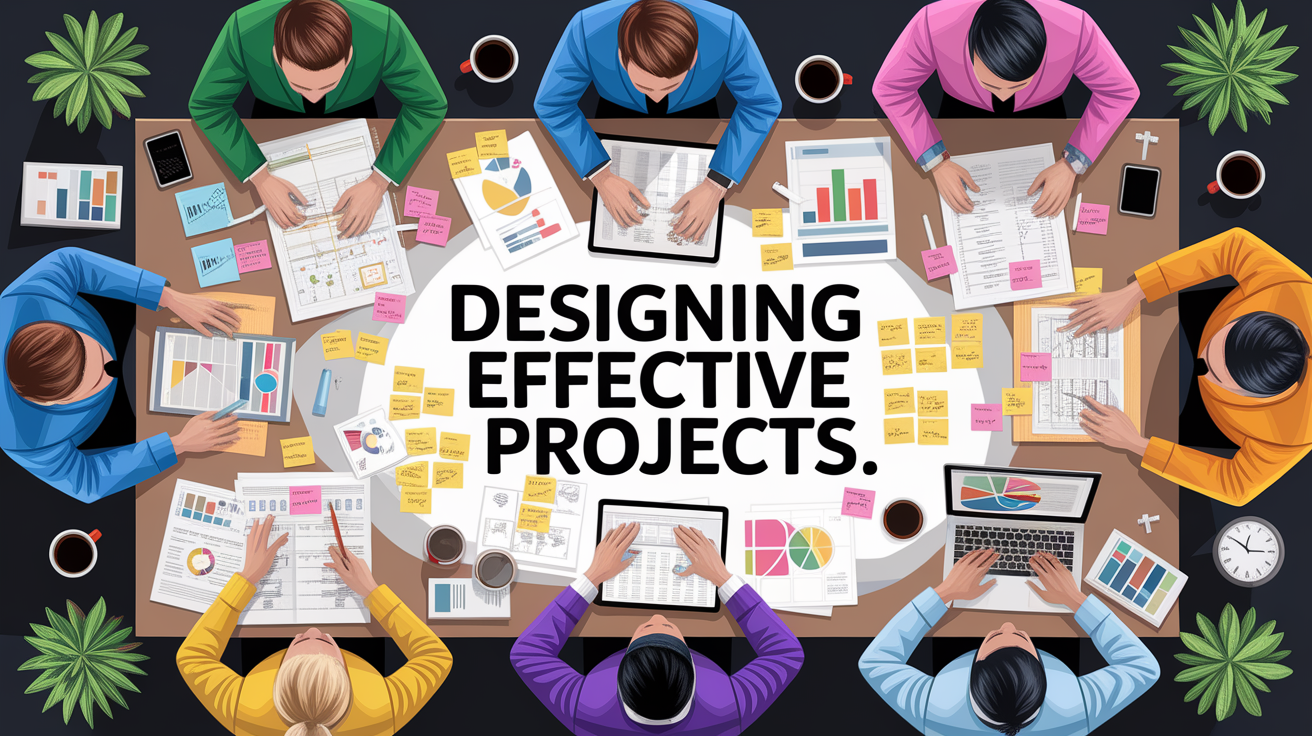 A conceptual illustration representing Designing Effective Projects. Visualize the main ideas: . Creative but clear representation of the concept. Style: photorealistic. high quality, detailed, professional, clean composition, good lighting, sharp focus, well-composed. high quality, professional, detailed, well-composed