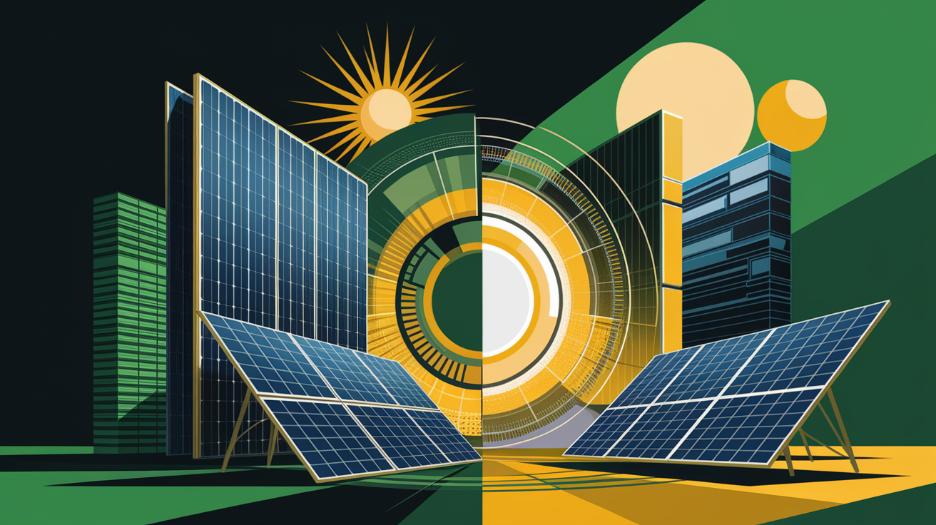 A conceptual illustration representing Key Technologies in Advanced Solar Collectors. Visualize the main ideas: . Creative but clear representation of the concept. Style: Visual Theme: Clean, modern aesthetic with high contrast and vibrant energy. Emphasize the intersect. high quality, detailed, professional, clean composition, good lighting, sharp focus, well-composed. high quality, professional, detailed, well-composed