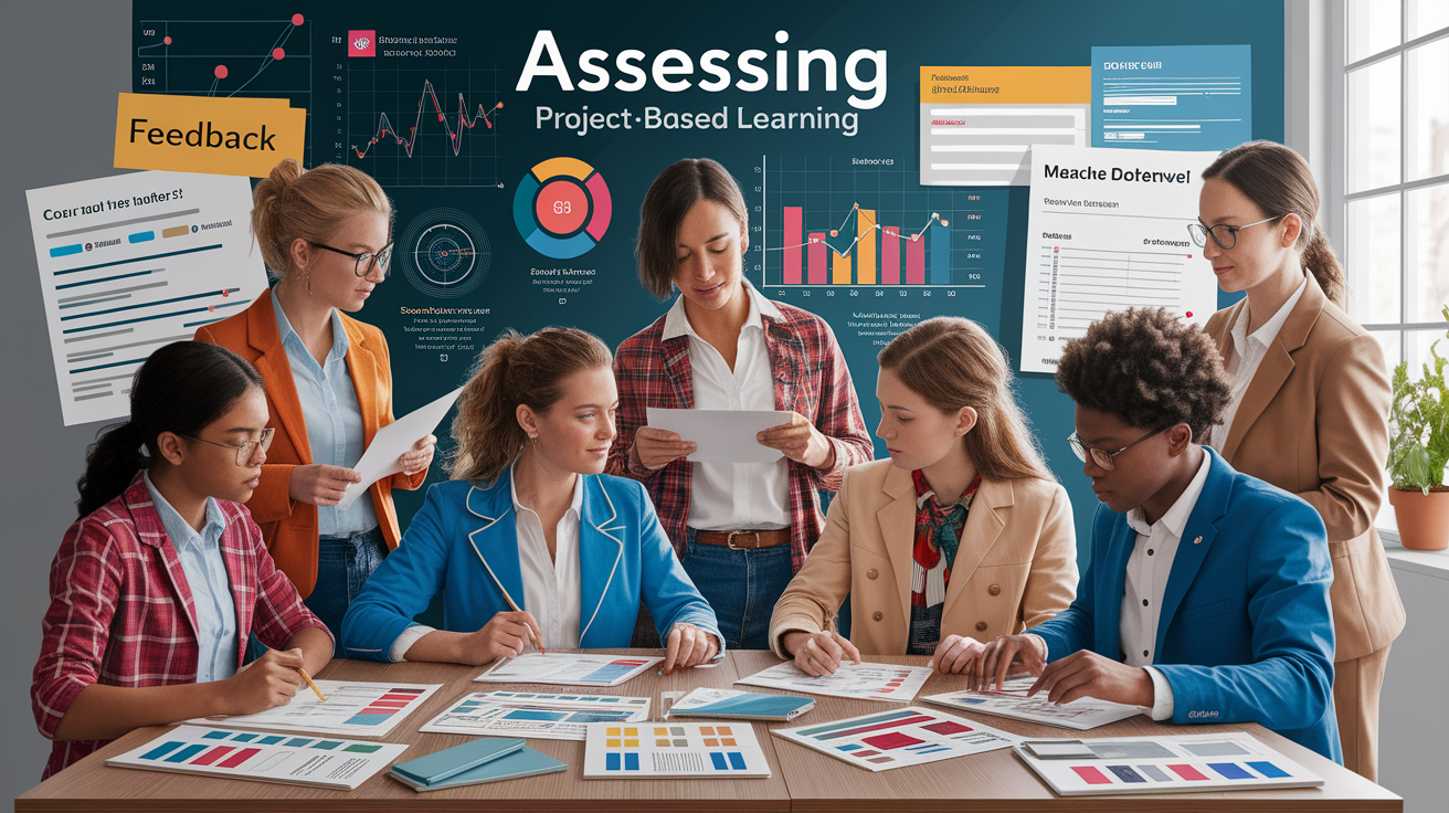 A conceptual illustration representing Assessing Project-Based Learning. Visualize the main ideas: . Creative but clear representation of the concept. Style: photorealistic. high quality, detailed, professional, clean composition, good lighting, sharp focus, well-composed. high quality, professional, detailed, well-composed