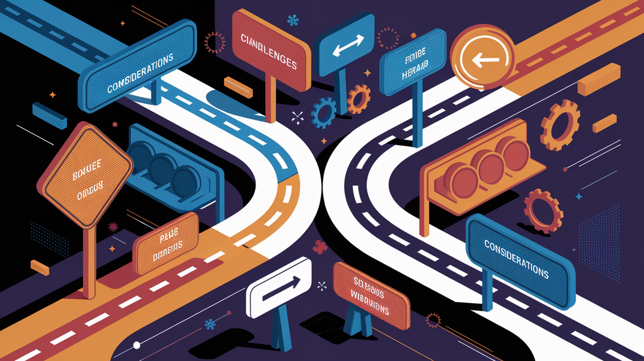 A conceptual illustration representing Challenges and Considerations. Visualize the main ideas: . Creative but clear representation of the concept. Style: Visual Theme: Clean, modern aesthetic with high contrast and vibrant energy. Emphasize the intersect. high quality, detailed, professional, clean composition, good lighting, sharp focus, well-composed. high quality, professional, detailed, well-composed