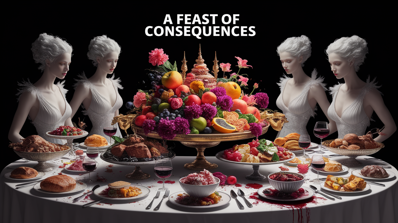 A conceptual illustration representing A Feast of Consequences. Visualize the main ideas: . Creative but clear representation of the concept. Style: photorealistic. high quality, detailed, professional, clean composition, good lighting, sharp focus, well-composed. high quality, professional, detailed, well-composed