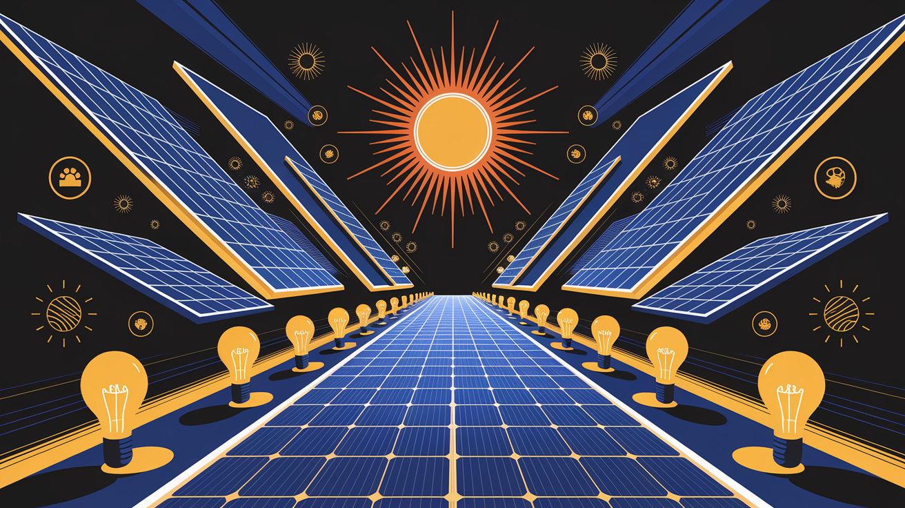 A conceptual illustration representing Illuminating the Path to Solar Knowledge. Visualize the main ideas: . Creative but clear representation of the concept. Style: Visual Theme: Clean, modern aesthetic with high contrast and vibrant energy. Emphasize the intersect. high quality, detailed, professional, clean composition, good lighting, sharp focus, well-composed. high quality, professional, detailed, well-composed