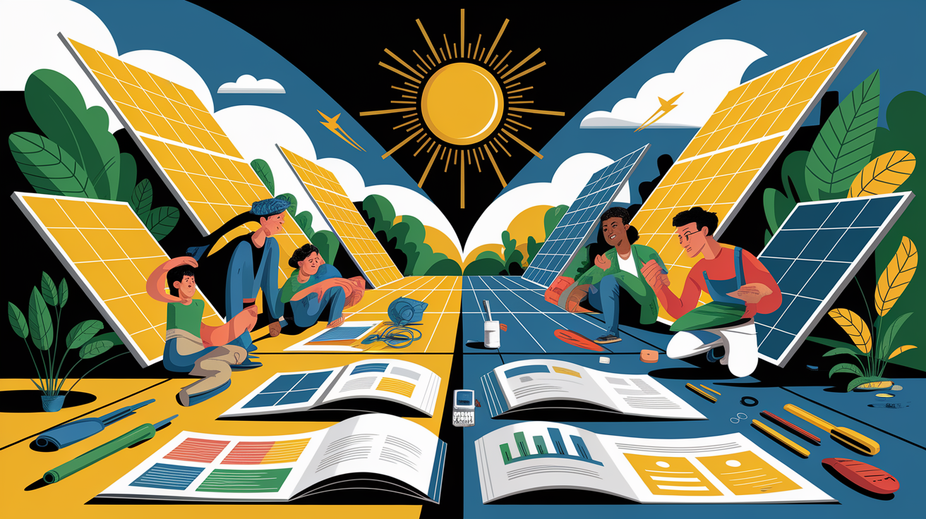 A conceptual illustration representing Spotlight on Leading Solar Education Programs. Visualize the main ideas: . Creative but clear representation of the concept. Style: Visual Theme: Clean, modern aesthetic with high contrast and vibrant energy. Emphasize the intersect. high quality, detailed, professional, clean composition, good lighting, sharp focus, well-composed. high quality, professional, detailed, well-composed