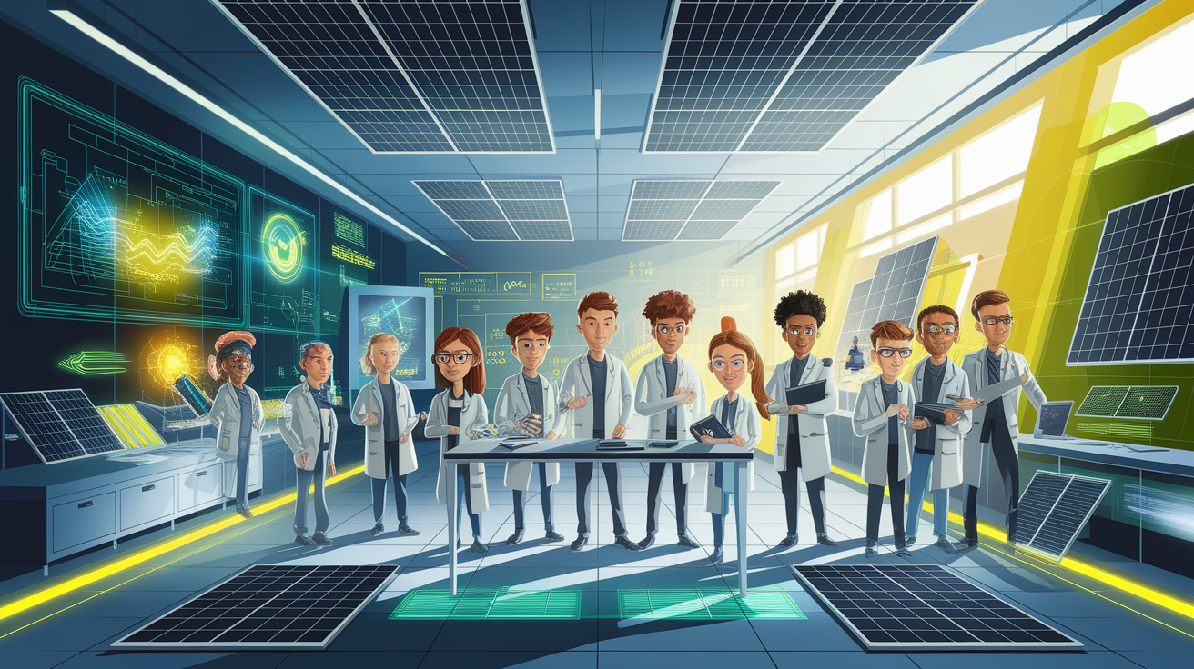 A conceptual illustration representing Engaging the Next Generation of Solar Innovators. Visualize the main ideas: . Creative but clear representation of the concept. Style: Visual Theme: Clean, modern aesthetic with high contrast and vibrant energy. Emphasize the intersect. high quality, detailed, professional, clean composition, good lighting, sharp focus, well-composed. high quality, professional, detailed, well-composed