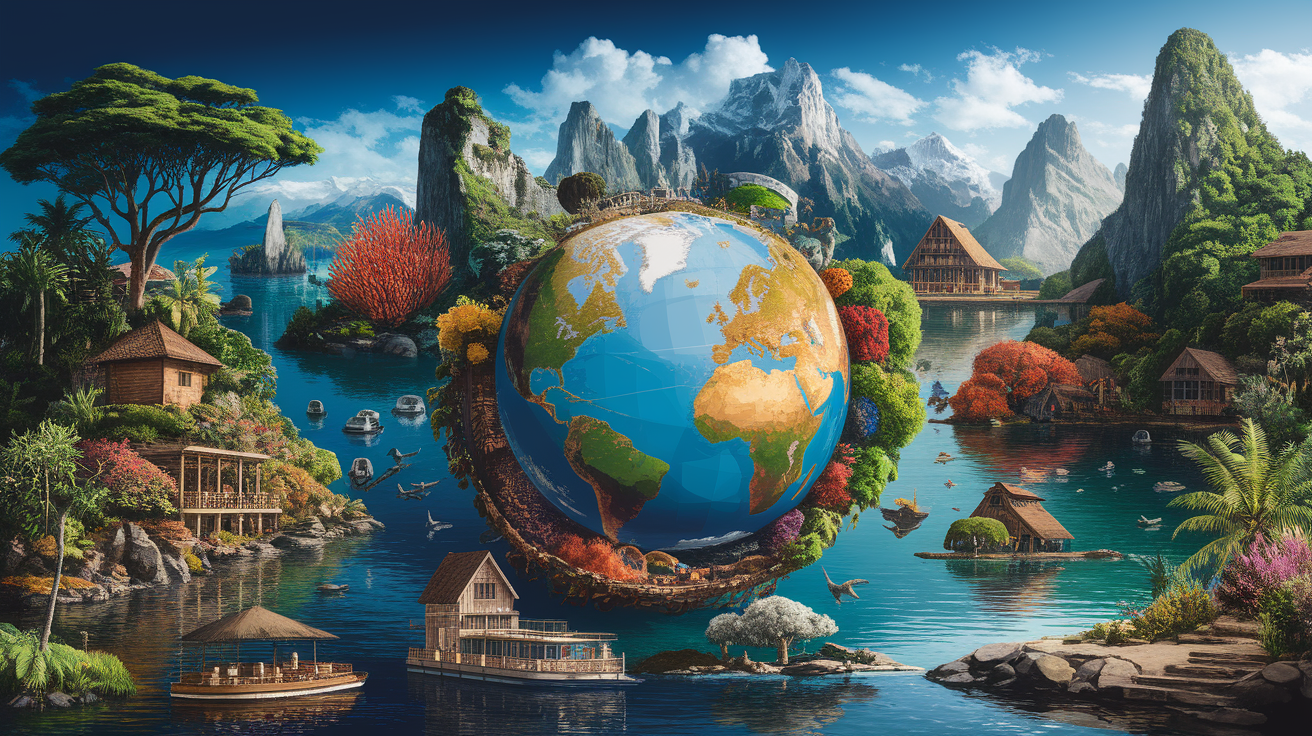 A conceptual illustration representing Key Eco-Tourism Attractions. Visualize the main ideas: . Creative but clear representation of the concept. Style: photorealistic. high quality, detailed, professional, clean composition, good lighting, sharp focus, well-composed. high quality, professional, detailed, well-composed, no words