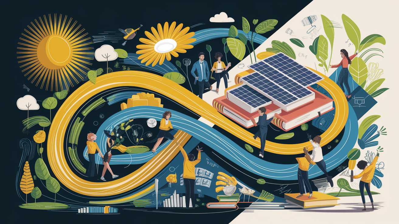 A conceptual illustration representing Challenges and Opportunities in Solar Education. Visualize the main ideas: . Creative but clear representation of the concept. Style: Visual Theme: Clean, modern aesthetic with high contrast and vibrant energy. Emphasize the intersect. high quality, detailed, professional, clean composition, good lighting, sharp focus, well-composed. high quality, professional, detailed, well-composed