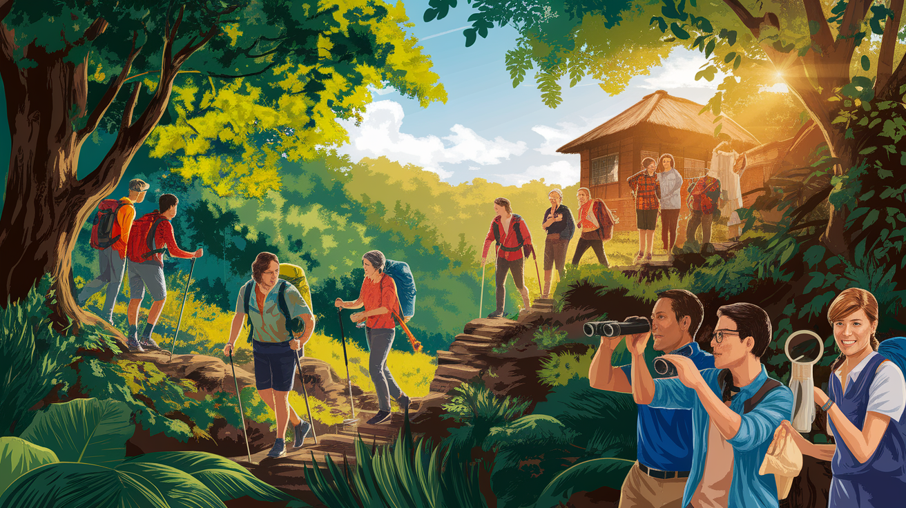 A conceptual illustration representing On-the-Ground Eco-Tourism Examples. Visualize the main ideas: . Creative but clear representation of the concept. Style: photorealistic. high quality, detailed, professional, clean composition, good lighting, sharp focus, well-composed. high quality, professional, detailed, well-composed, no words