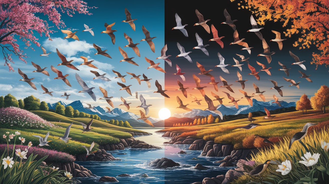 A conceptual illustration representing Introduction - The Marvel of Avian Migration. Visualize the main ideas: . Creative but clear representation of the concept. Style: photorealistic. high quality, detailed, professional, clean composition, good lighting, sharp focus, well-composed. high quality, professional, detailed, well-composed