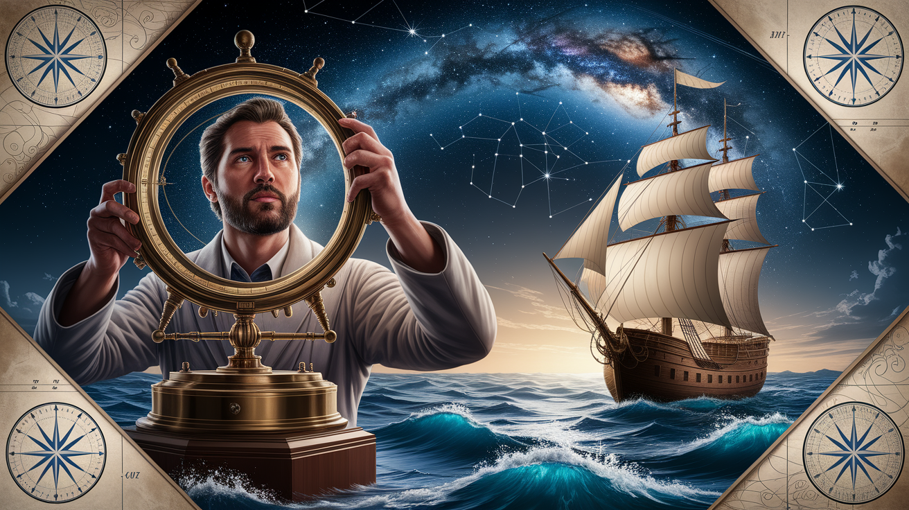 A conceptual illustration representing Celestial Navigation. Visualize the main ideas: . Creative but clear representation of the concept. Style: photorealistic. high quality, detailed, professional, clean composition, good lighting, sharp focus, well-composed. high quality, professional, detailed, well-composed