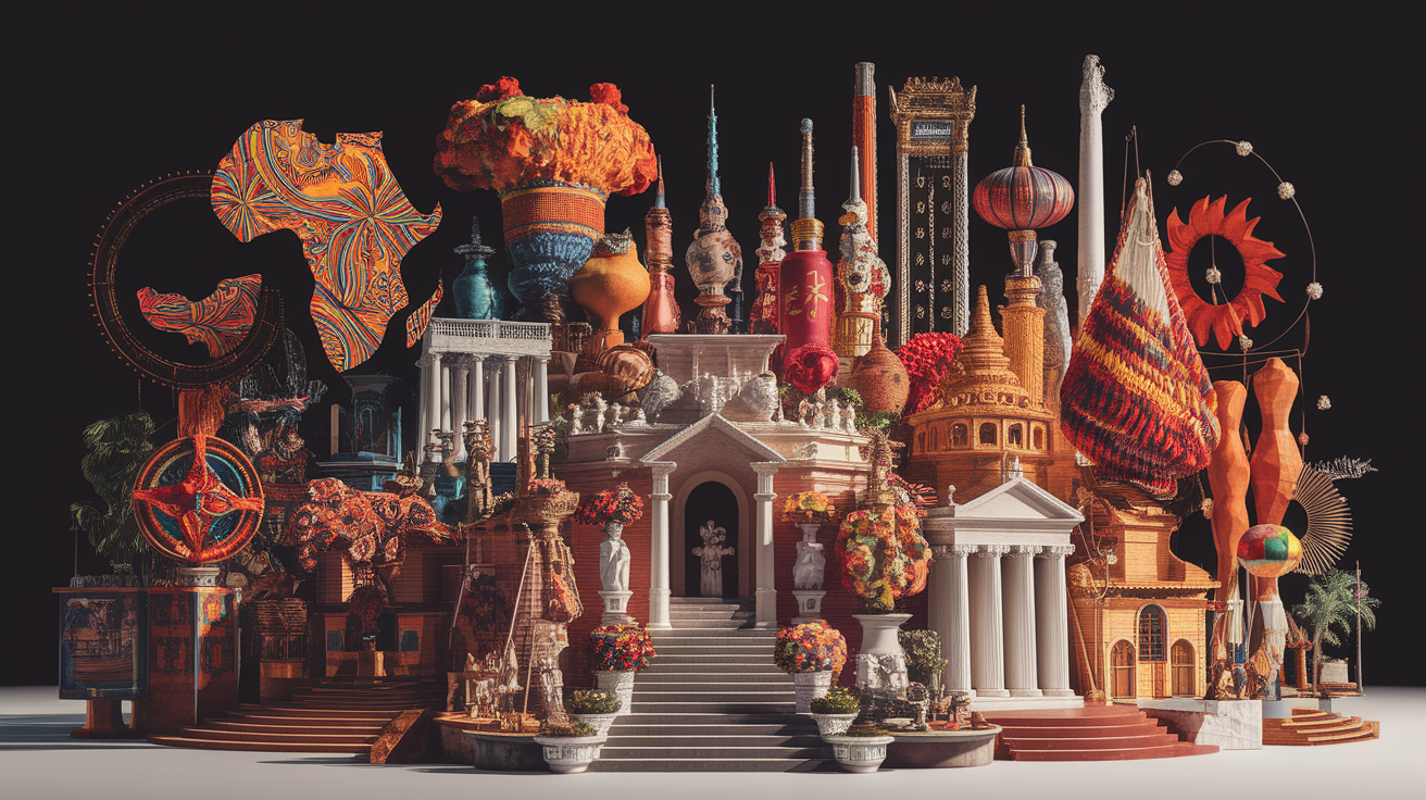 A conceptual illustration representing Cultural Significance Across the Globe. Visualize the main ideas: . Creative but clear representation of the concept. Style: photorealistic. high quality, detailed, professional, clean composition, good lighting, sharp focus, well-composed. high quality, professional, detailed, well-composed