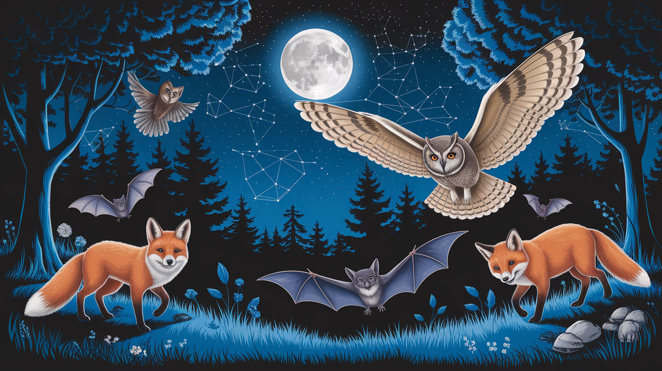 A conceptual illustration representing Nocturnal Navigation and Behavioral Adaptations. Visualize the main ideas: . Creative but clear representation of the concept. Style: photorealistic. high quality, detailed, professional, clean composition, good lighting, sharp focus, well-composed. high quality, professional, detailed, well-composed