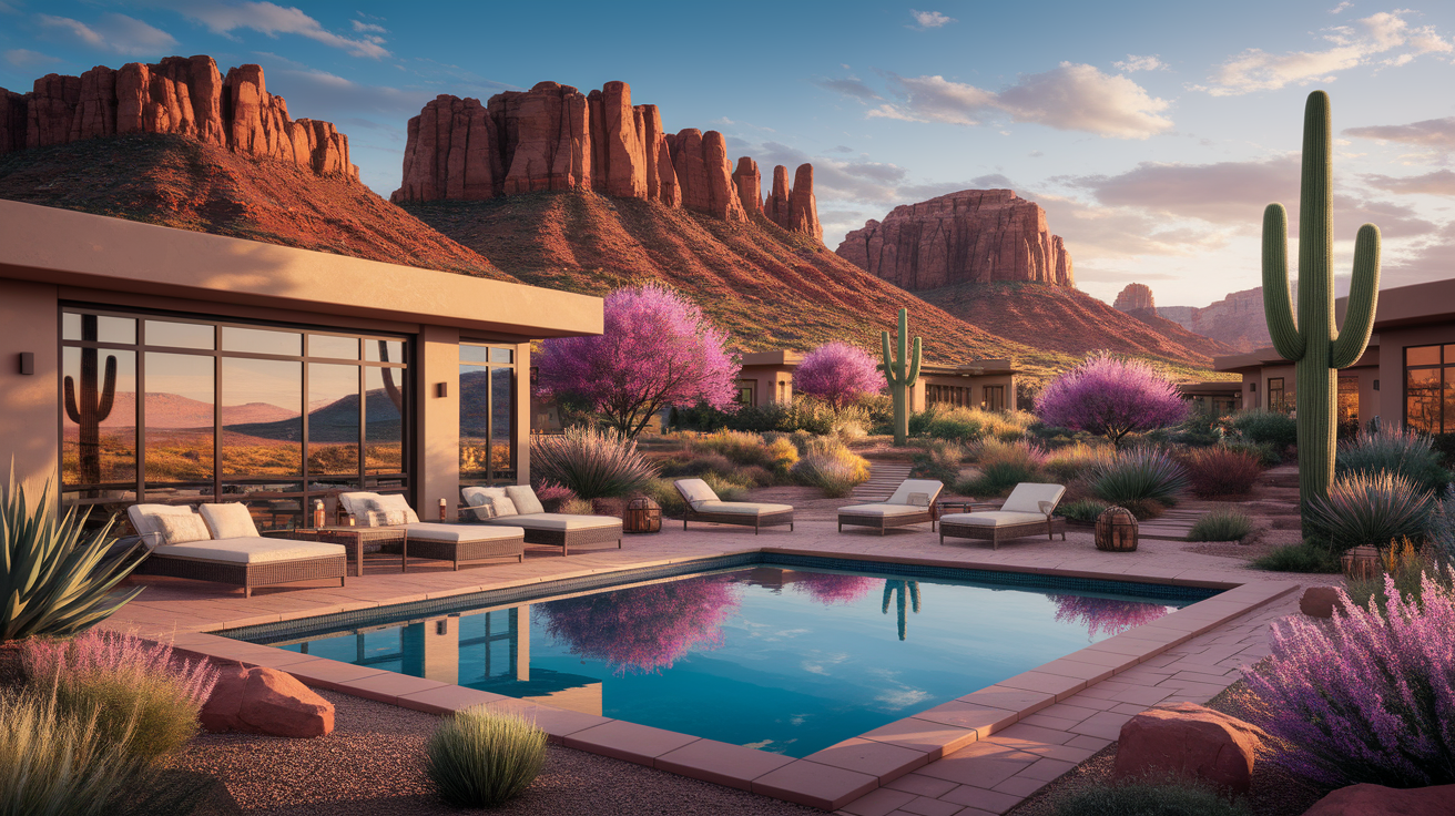 A conceptual illustration representing Popular Retreat Venues in St. George. Visualize the main ideas: . Creative but clear representation of the concept. Style: photorealistic. high quality, detailed, professional, clean composition, good lighting, sharp focus, well-composed. high quality, professional, detailed, well-composed, no words