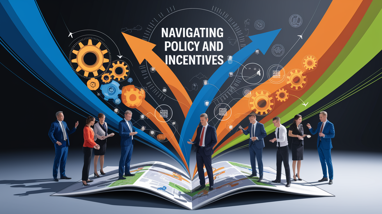 A conceptual illustration representing Navigating Policy and Incentives. Visualize the main ideas: . Creative but clear representation of the concept. Style: Visual Theme: Clean, modern aesthetic with high contrast and vibrant energy. Emphasize the intersect. high quality, detailed, professional, clean composition, good lighting, sharp focus, well-composed. high quality, professional, detailed, well-composed