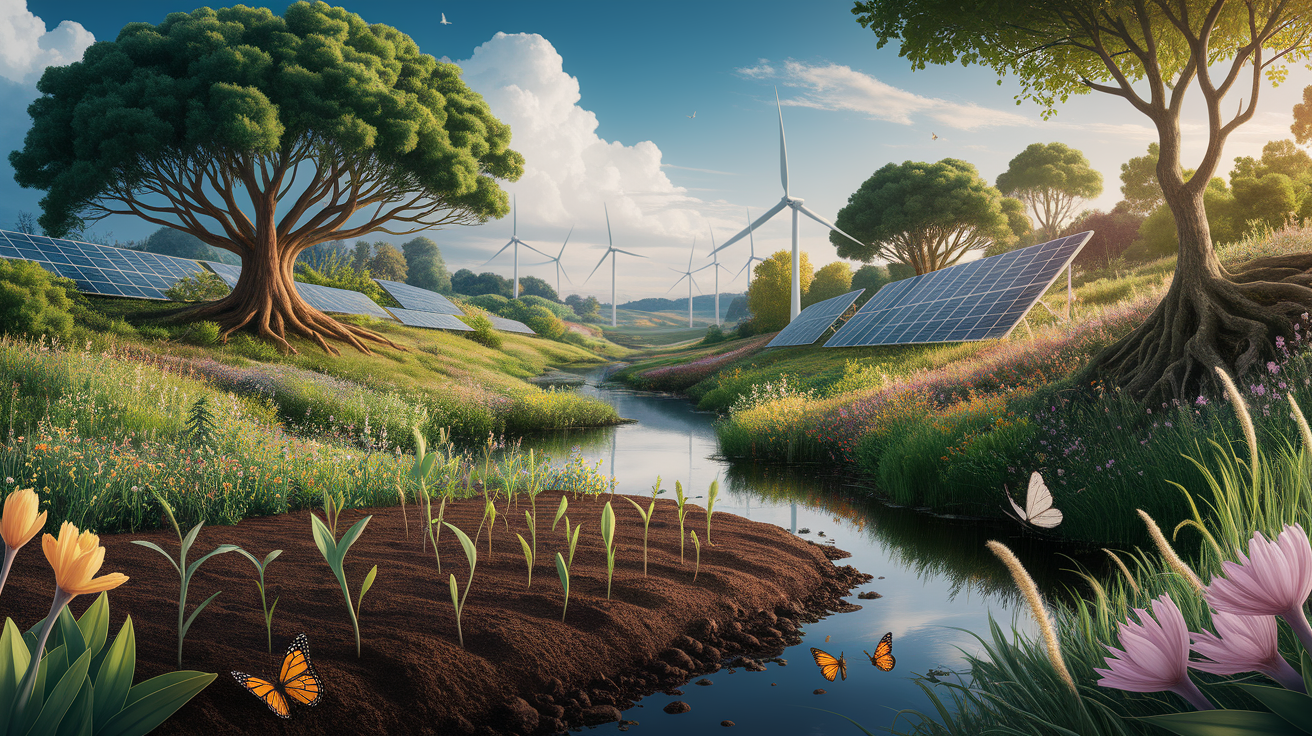 A conceptual illustration representing Introduction - Growing a Greener Future. Visualize the main ideas: . Creative but clear representation of the concept. Style: photorealistic. high quality, detailed, professional, clean composition, good lighting, sharp focus, well-composed. high quality, professional, detailed, well-composed, no words