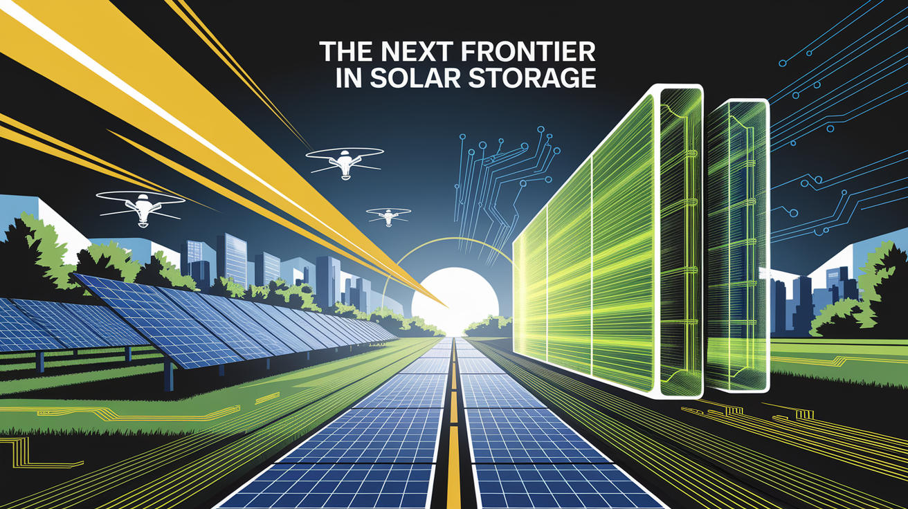 A conceptual illustration representing The Next Frontier in Solar Storage. Visualize the main ideas: . Creative but clear representation of the concept. Style: Visual Theme: Clean, modern aesthetic with high contrast and vibrant energy. Emphasize the intersect. high quality, detailed, professional, clean composition, good lighting, sharp focus, well-composed. high quality, professional, detailed, well-composed