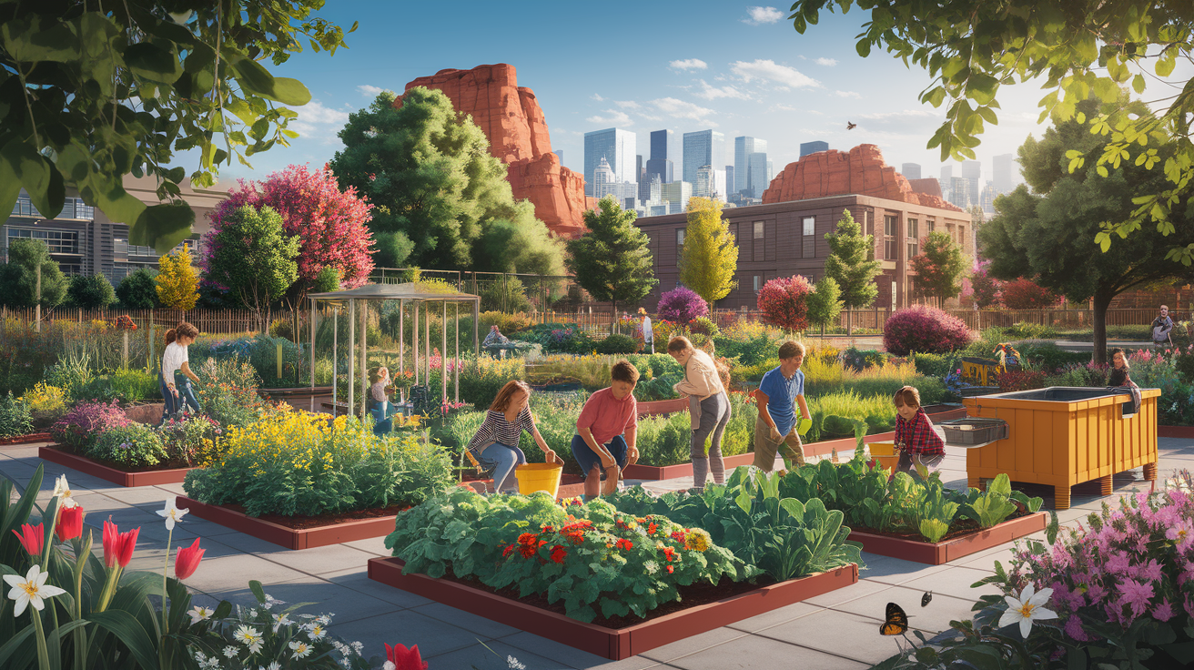 A conceptual illustration representing Benefits of Urban Gardening in St. George. Visualize the main ideas: . Creative but clear representation of the concept. Style: photorealistic. high quality, detailed, professional, clean composition, good lighting, sharp focus, well-composed. high quality, professional, detailed, well-composed, no words