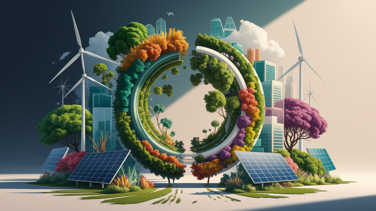A conceptual illustration representing Sustainability and Environmental Impact. Visualize the main ideas: . Creative but clear representation of the concept. Style: Visual Theme: Clean, modern aesthetic with high contrast and vibrant energy. Emphasize the intersect. high quality, detailed, professional, clean composition, good lighting, sharp focus, well-composed. high quality, professional, detailed, well-composed