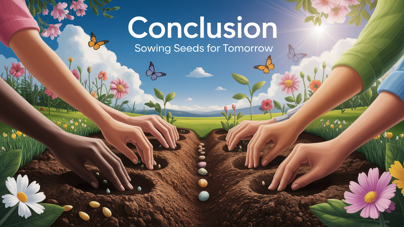 A conceptual illustration representing Conclusion - Sowing Seeds for Tomorrow. Visualize the main ideas: . Creative but clear representation of the concept. Style: photorealistic. high quality, detailed, professional, clean composition, good lighting, sharp focus, well-composed. high quality, professional, detailed, well-composed, no words