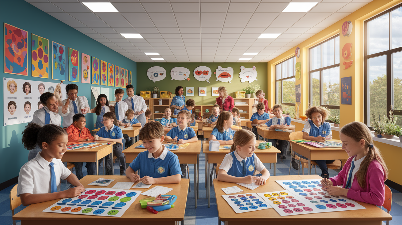 A conceptual illustration representing School-Wide Approaches to Foster SEL. Visualize the main ideas: . Creative but clear representation of the concept. Style: photorealistic. high quality, detailed, professional, clean composition, good lighting, sharp focus, well-composed. high quality, professional, detailed, well-composed