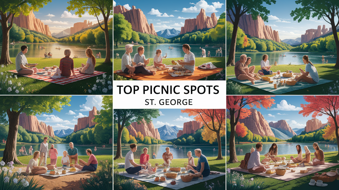 A conceptual illustration representing Top Picnic Spots in St. George. Visualize the main ideas: . Creative but clear representation of the concept. Style: photorealistic. high quality, detailed, professional, clean composition, good lighting, sharp focus, well-composed. high quality, professional, detailed, well-composed, no words