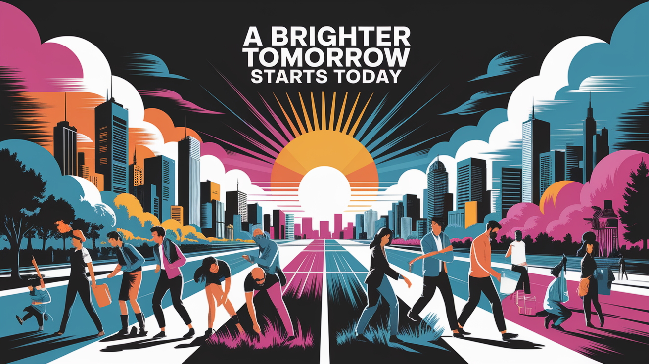 A conceptual illustration representing A Brighter Tomorrow Starts Today. Visualize the main ideas: . Creative but clear representation of the concept. Style: Visual Theme: Clean, modern aesthetic with high contrast and vibrant energy. Emphasize the intersect. high quality, detailed, professional, clean composition, good lighting, sharp focus, well-composed. high quality, professional, detailed, well-composed