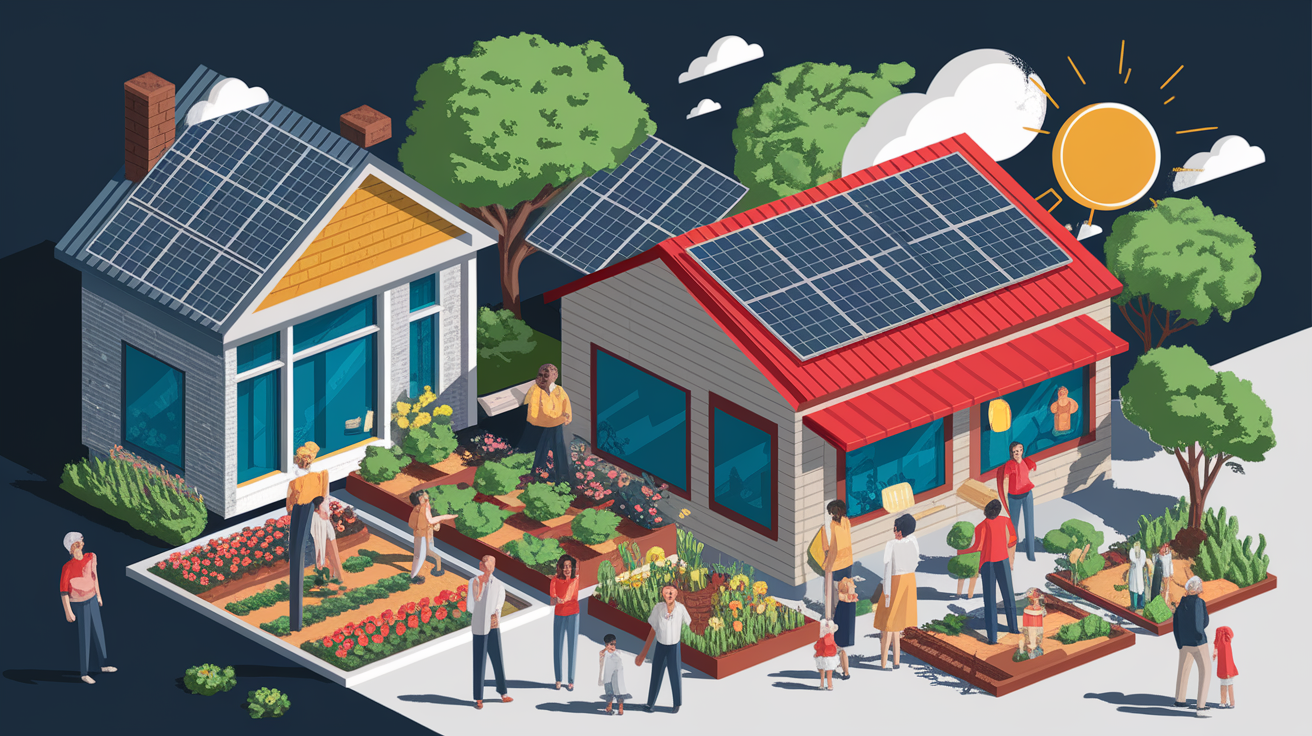 A conceptual illustration representing Community Benefits of Solar Projects. Visualize the main ideas: . Creative but clear representation of the concept. Style: Visual Theme: Clean, modern aesthetic with high contrast and vibrant energy. Emphasize the intersect. high quality, detailed, professional, clean composition, good lighting, sharp focus, well-composed. high quality, professional, detailed, well-composed