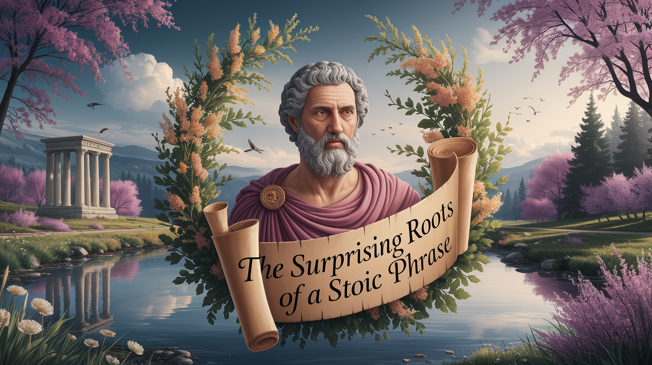 A conceptual illustration representing Introduction: The Surprising Roots of a Stoic Phrase. Visualize the main ideas: . Creative but clear representation of the concept. Style: photorealistic. high quality, detailed, professional, clean composition, good lighting, sharp focus, well-composed. high quality, professional, detailed, well-composed