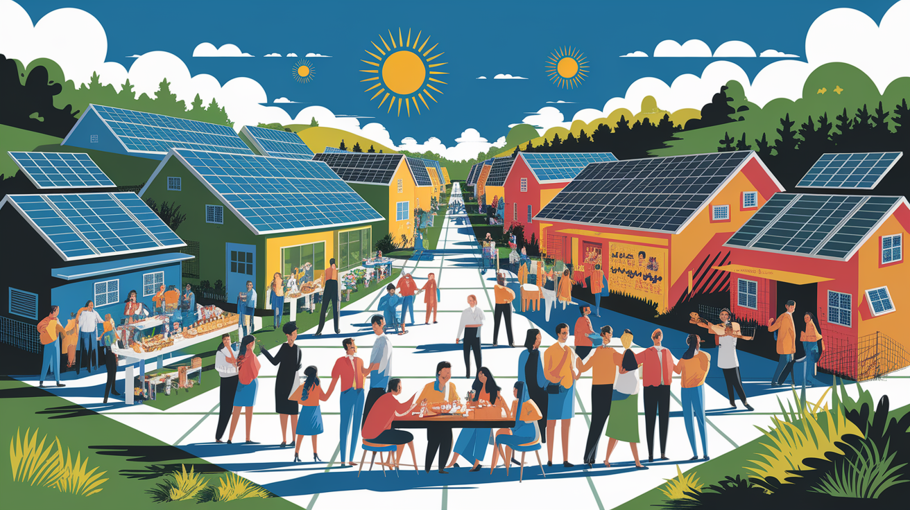 A conceptual illustration representing Successful Community Solar Initiatives. Visualize the main ideas: . Creative but clear representation of the concept. Style: Visual Theme: Clean, modern aesthetic with high contrast and vibrant energy. Emphasize the intersect. high quality, detailed, professional, clean composition, good lighting, sharp focus, well-composed. high quality, professional, detailed, well-composed