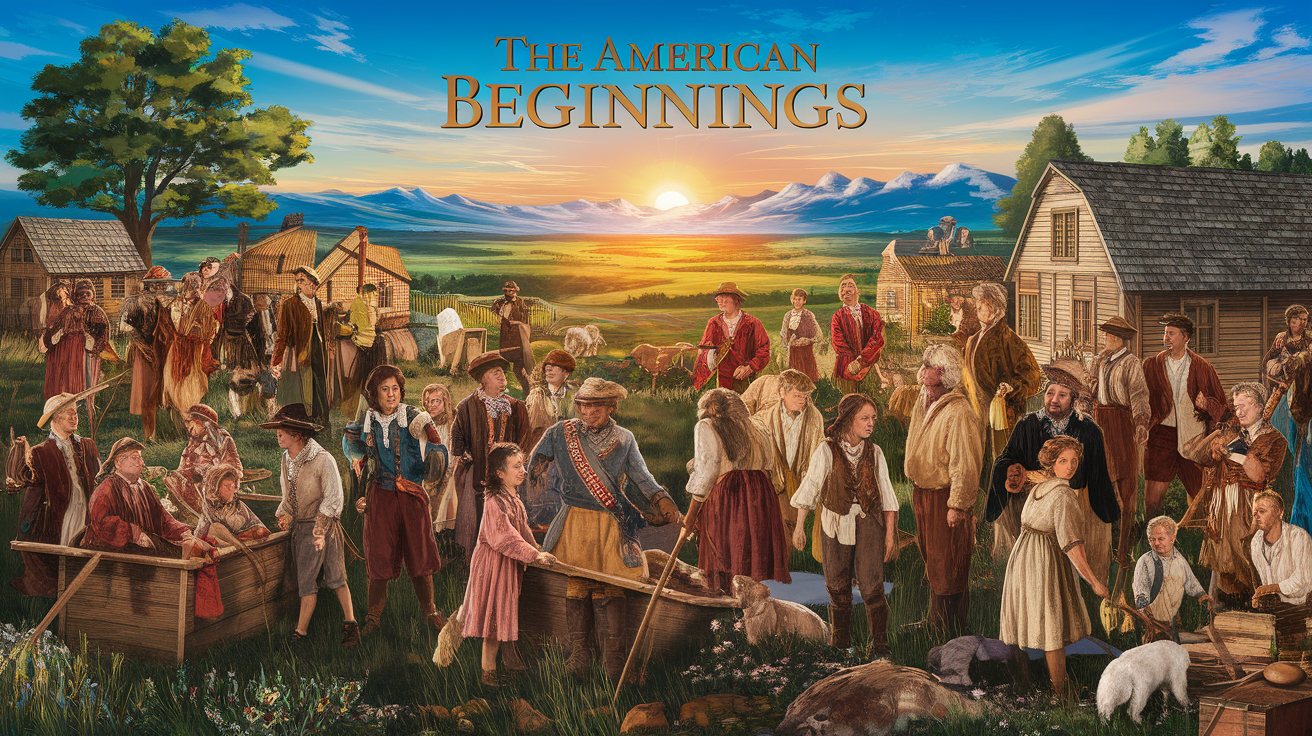 A conceptual illustration representing The American Beginnings. Visualize the main ideas: . Creative but clear representation of the concept. Style: photorealistic. high quality, detailed, professional, clean composition, good lighting, sharp focus, well-composed. high quality, professional, detailed, well-composed