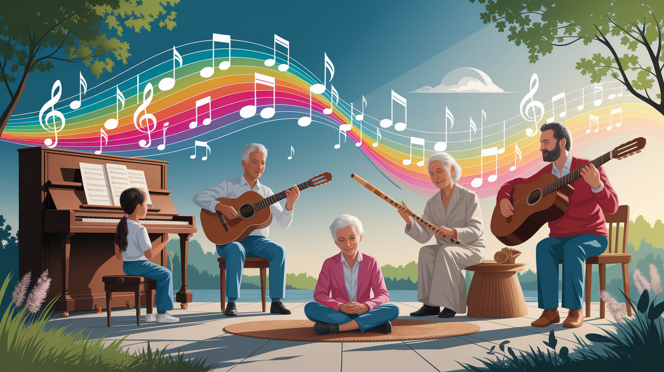 A conceptual illustration representing Therapeutic Benefits of Music. Visualize the main ideas: . Creative but clear representation of the concept. Style: photorealistic. high quality, detailed, professional, clean composition, good lighting, sharp focus, well-composed. high quality, professional, detailed, well-composed