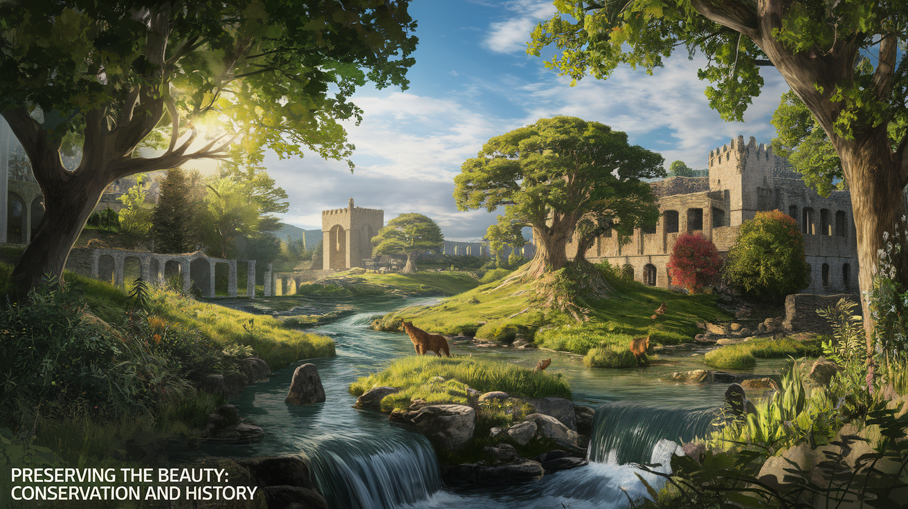 A conceptual illustration representing Preserving the Beauty: Conservation and History. Visualize the main ideas: . Creative but clear representation of the concept. Style: photorealistic. high quality, detailed, professional, clean composition, good lighting, sharp focus, well-composed. high quality, professional, detailed, well-composed, no words