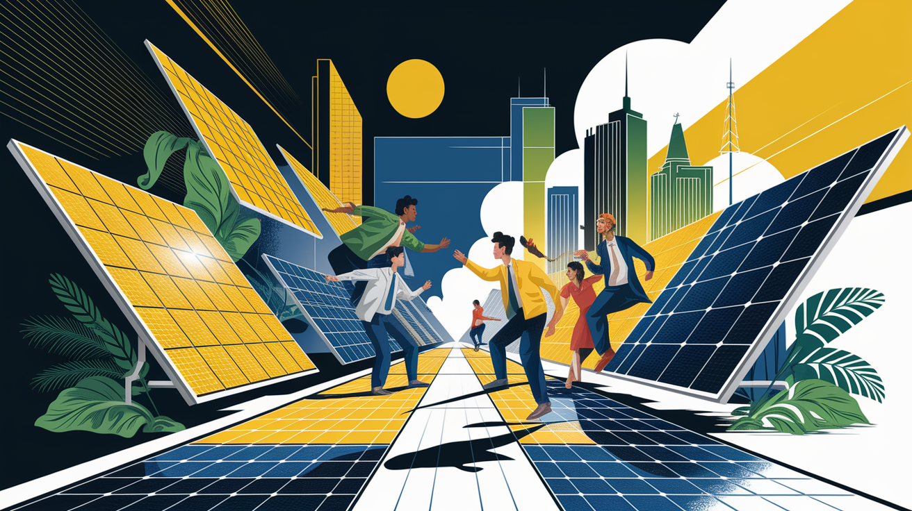 A conceptual illustration representing Overcoming Challenges in Solar Implementation. Visualize the main ideas: . Creative but clear representation of the concept. Style: Visual Theme: Clean, modern aesthetic with high contrast and vibrant energy. Emphasize the intersect. high quality, detailed, professional, clean composition, good lighting, sharp focus, well-composed. high quality, professional, detailed, well-composed