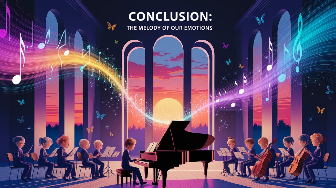 A conceptual illustration representing Conclusion: The Melody of Our Emotions. Visualize the main ideas: . Creative but clear representation of the concept. Style: photorealistic. high quality, detailed, professional, clean composition, good lighting, sharp focus, well-composed. high quality, professional, detailed, well-composed