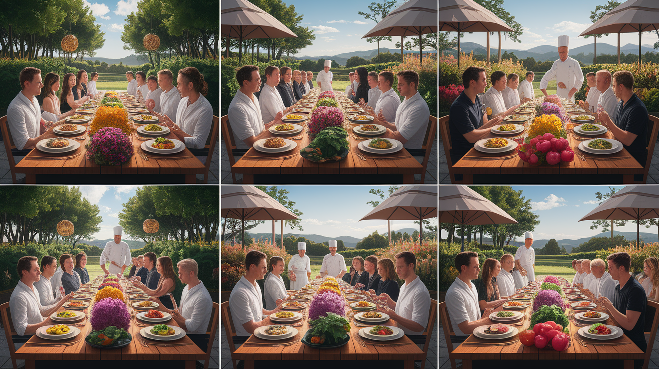 A conceptual illustration representing Top Farm-to-Table Restaurants in St. George. Visualize the main ideas: . Creative but clear representation of the concept. Style: photorealistic. high quality, detailed, professional, clean composition, good lighting, sharp focus, well-composed. high quality, professional, detailed, well-composed, no words