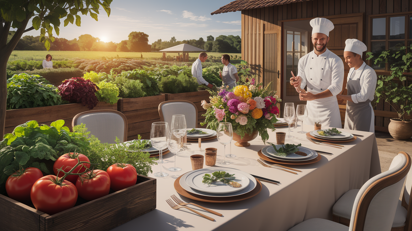 A conceptual illustration representing Benefits of Farm-to-Table Dining. Visualize the main ideas: . Creative but clear representation of the concept. Style: photorealistic. high quality, detailed, professional, clean composition, good lighting, sharp focus, well-composed. high quality, professional, detailed, well-composed, no words
