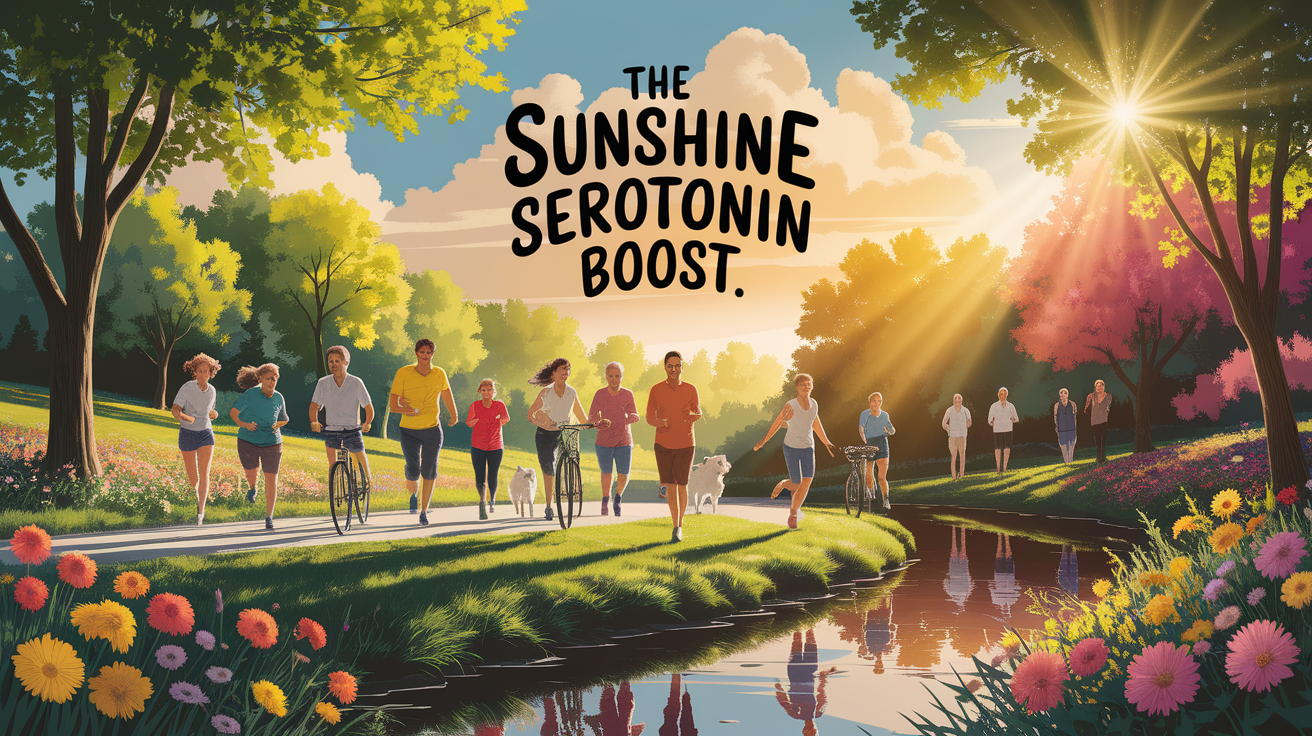 A conceptual illustration representing The Sunshine Serotonin Boost. Visualize the main ideas: . Creative but clear representation of the concept. Style: photorealistic. high quality, detailed, professional, clean composition, good lighting, sharp focus, well-composed. high quality, professional, detailed, well-composed