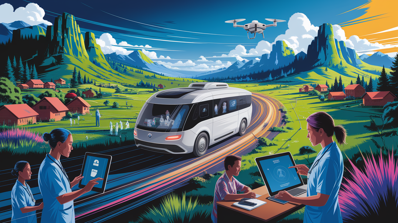 A conceptual illustration representing Enhancing Healthcare Access in Remote Areas. Visualize the main ideas: . Creative but clear representation of the concept. Style: Visual Theme: Clean, modern aesthetic with high contrast and vibrant energy. Emphasize the intersect. high quality, detailed, professional, clean composition, good lighting, sharp focus, well-composed. high quality, professional, detailed, well-composed