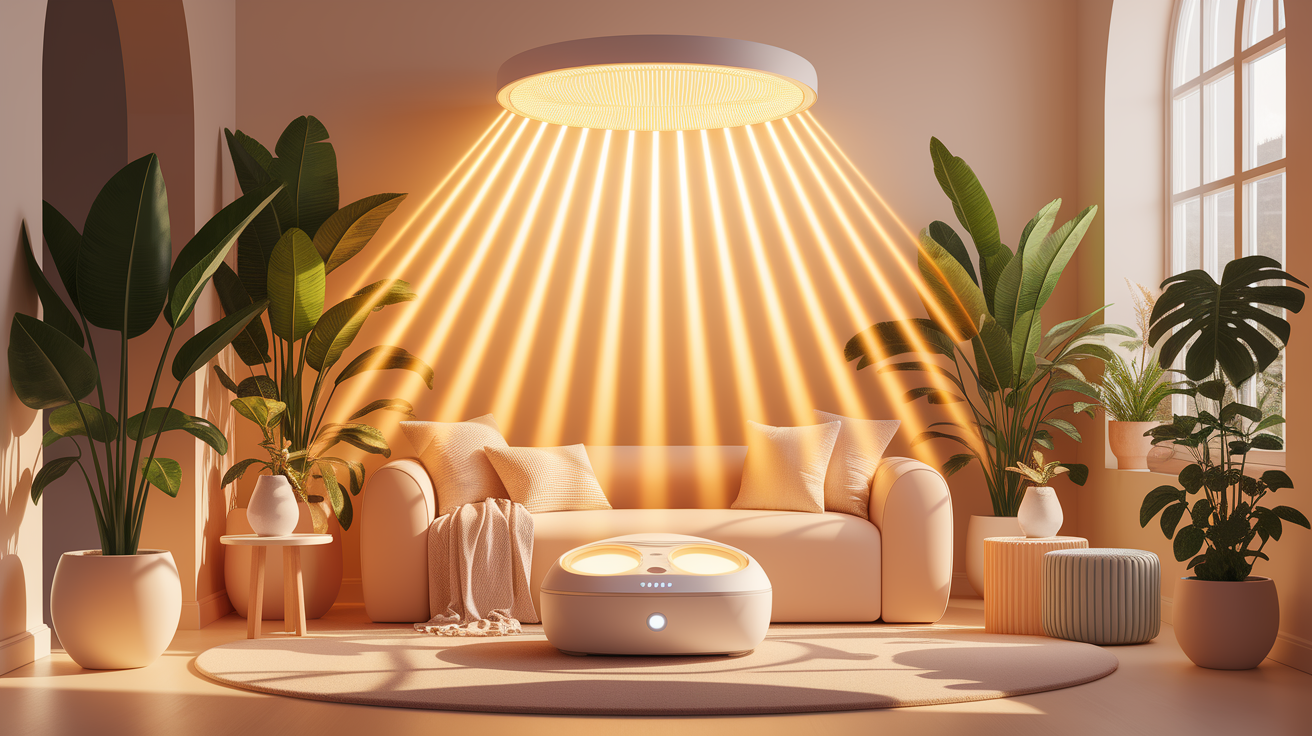 A conceptual illustration representing Light Therapy: Mimicking the Sun. Visualize the main ideas: . Creative but clear representation of the concept. Style: photorealistic. high quality, detailed, professional, clean composition, good lighting, sharp focus, well-composed. high quality, professional, detailed, well-composed