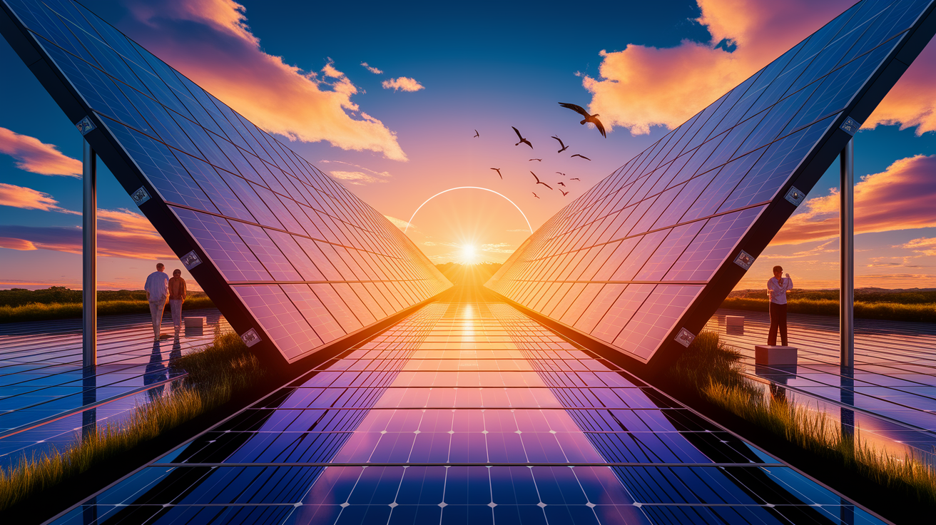 A professional product showcase or technology demonstration for The Dawn of a New Era in Solar Technology. Highlight . Clean, modern presentation with focus on functionality and design. Style: Visual Theme: Clean, modern aesthetic with high contrast and vibrant energy. Emphasize the intersect. high quality, detailed, professional, clean composition, good lighting, sharp focus, well-composed. high quality, professional, detailed, well-composed