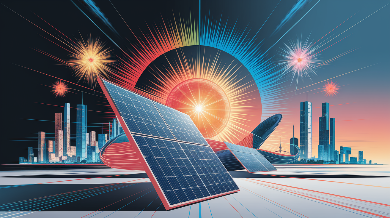 A conceptual illustration representing Perovskite Solar Cells: The Rising Star. Visualize the main ideas: . Creative but clear representation of the concept. Style: Visual Theme: Clean, modern aesthetic with high contrast and vibrant energy. Emphasize the intersect. high quality, detailed, professional, clean composition, good lighting, sharp focus, well-composed. high quality, professional, detailed, well-composed