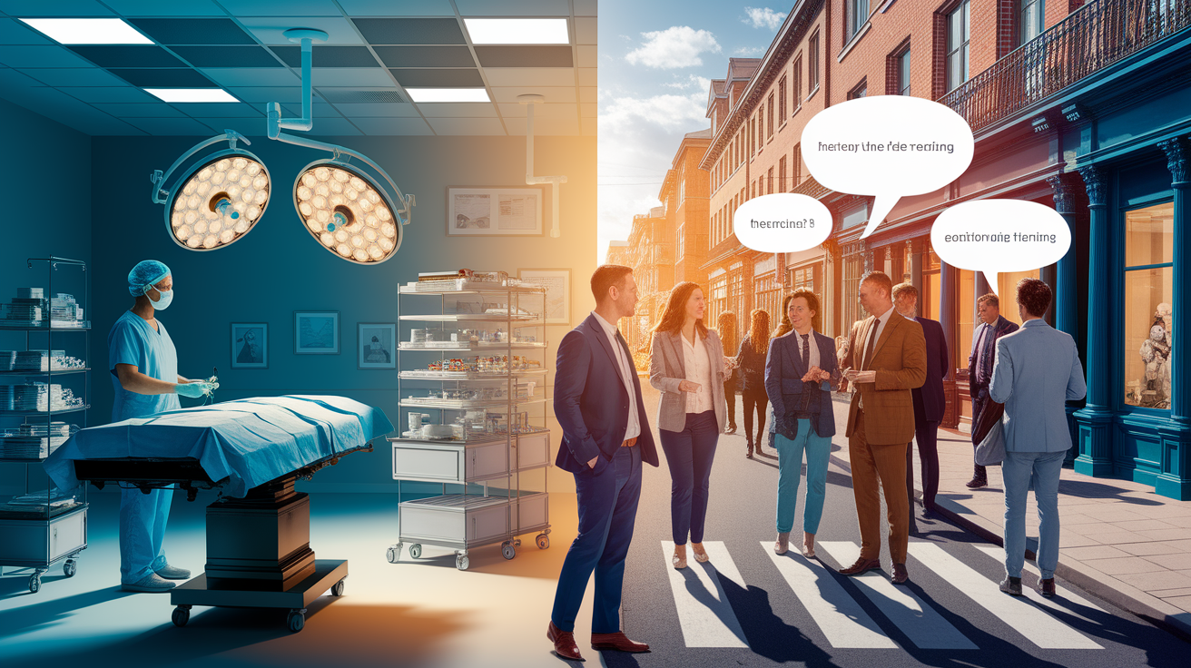 A conceptual illustration representing From Operating Rooms to Everyday Language. Visualize the main ideas: . Creative but clear representation of the concept. Style: photorealistic. high quality, detailed, professional, clean composition, good lighting, sharp focus, well-composed. high quality, professional, detailed, well-composed
