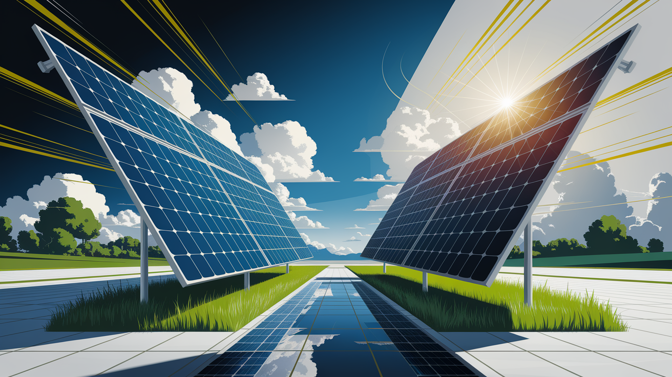 A conceptual illustration representing Bifacial Solar Panels: Double-Sided Efficiency. Visualize the main ideas: . Creative but clear representation of the concept. Style: Visual Theme: Clean, modern aesthetic with high contrast and vibrant energy. Emphasize the intersect. high quality, detailed, professional, clean composition, good lighting, sharp focus, well-composed. high quality, professional, detailed, well-composed
